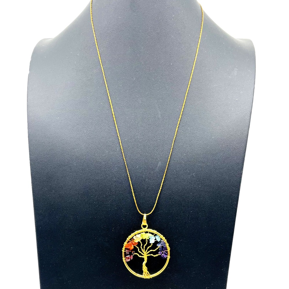 Gold Tone Tree of Life Pendant Necklace Multicolor Stone Chips Long Boho